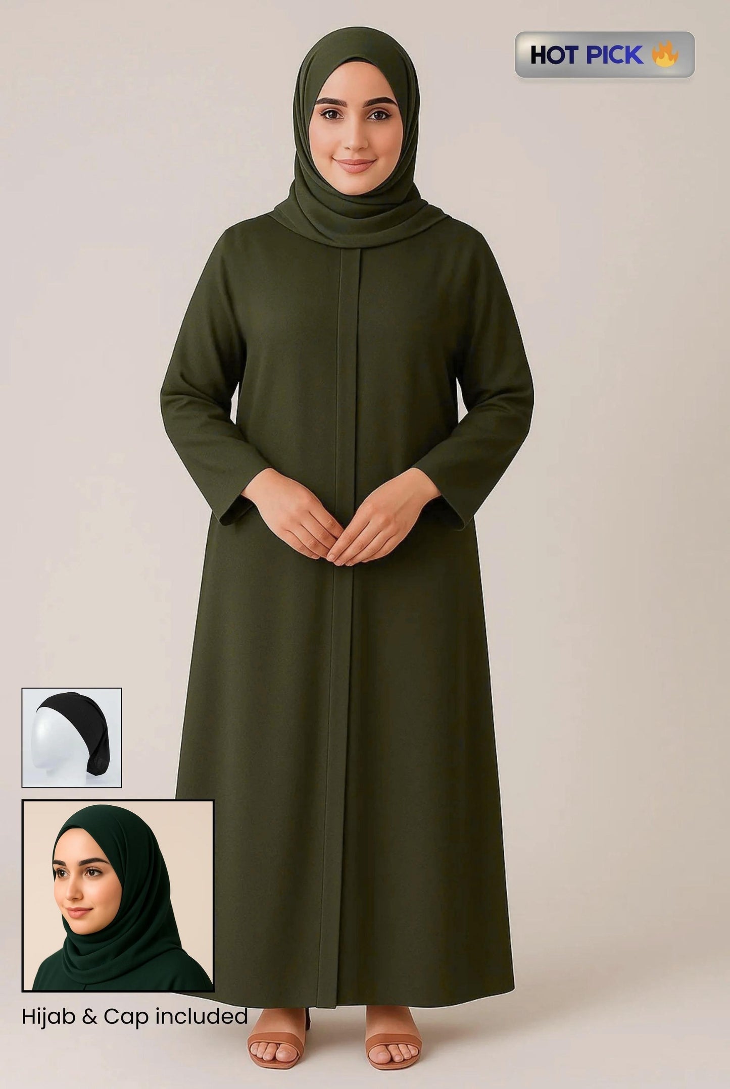 abaya forest green with bottle green hijab and cap