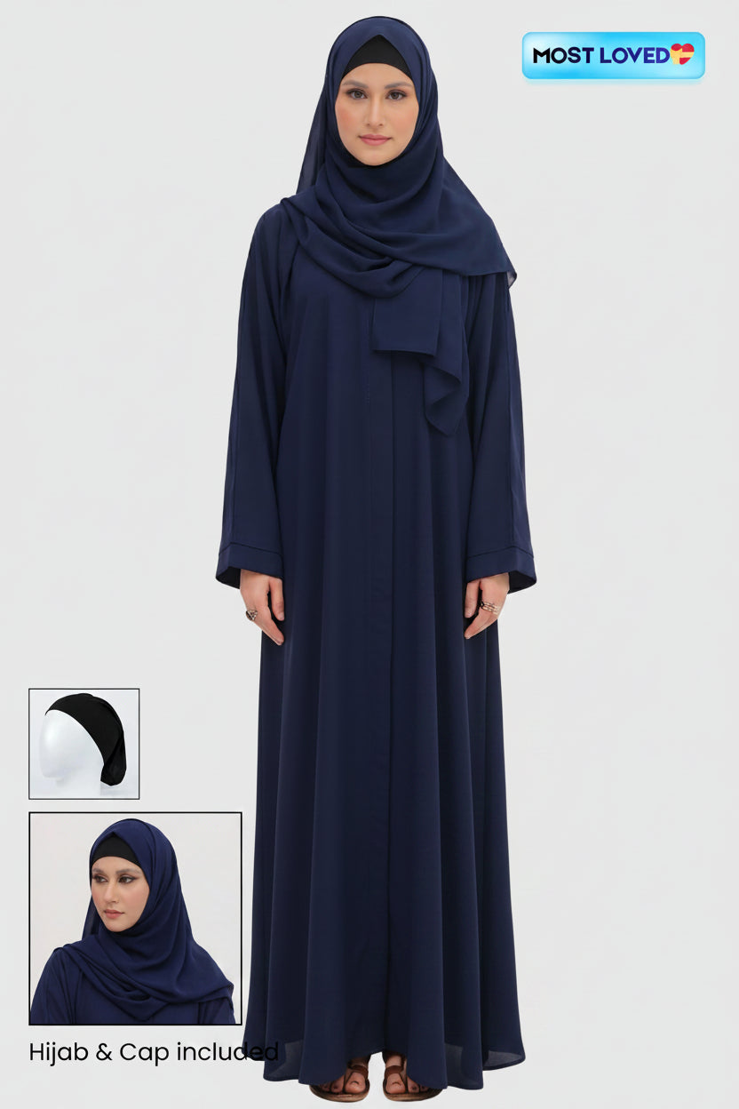 navy abaya with hijab and cap