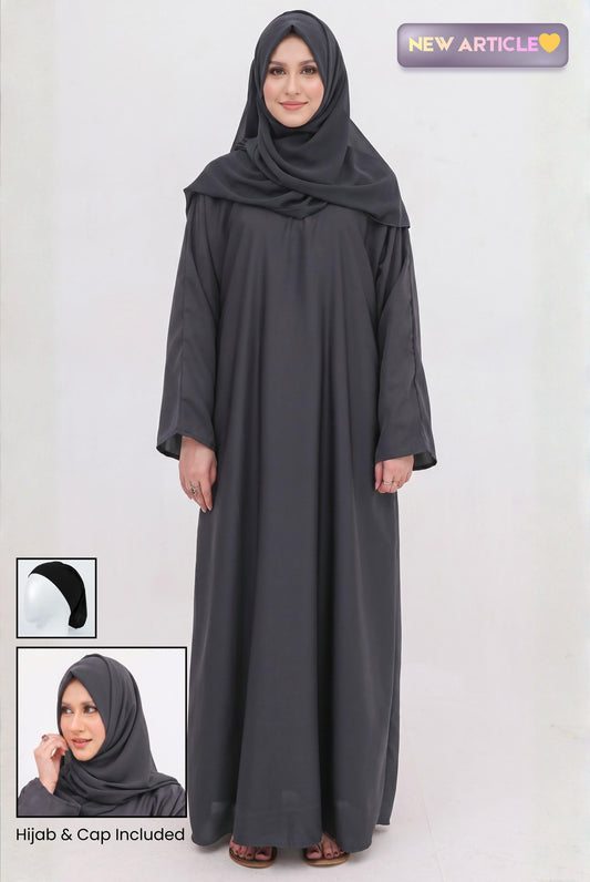 Closed Abaya gray with hijab and cap