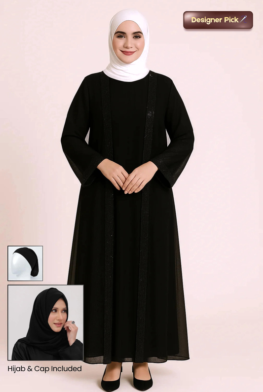 Double abaya black inner with hijab and cap