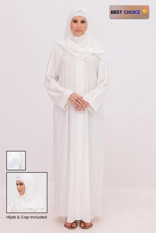 A woman modeling a white abaya with a matching headscarf (hijab) and cap, standing against a plain white studio background. The image includes a 'BEST CHOICE' badge in the top right and inset images in the bottom left showing the hijab and cap details.