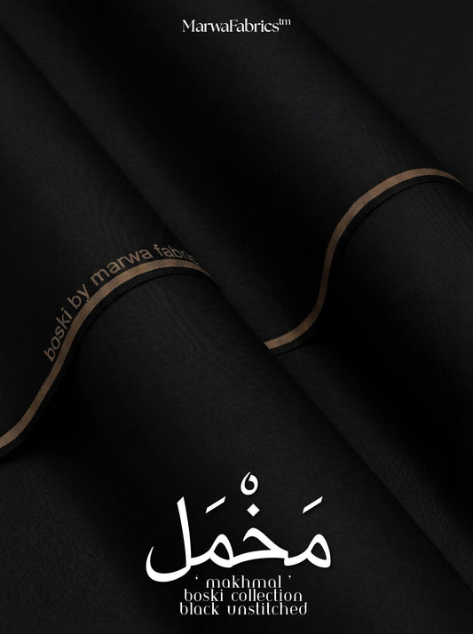Black fabric with 'Marwa Fabrics' branding and text.