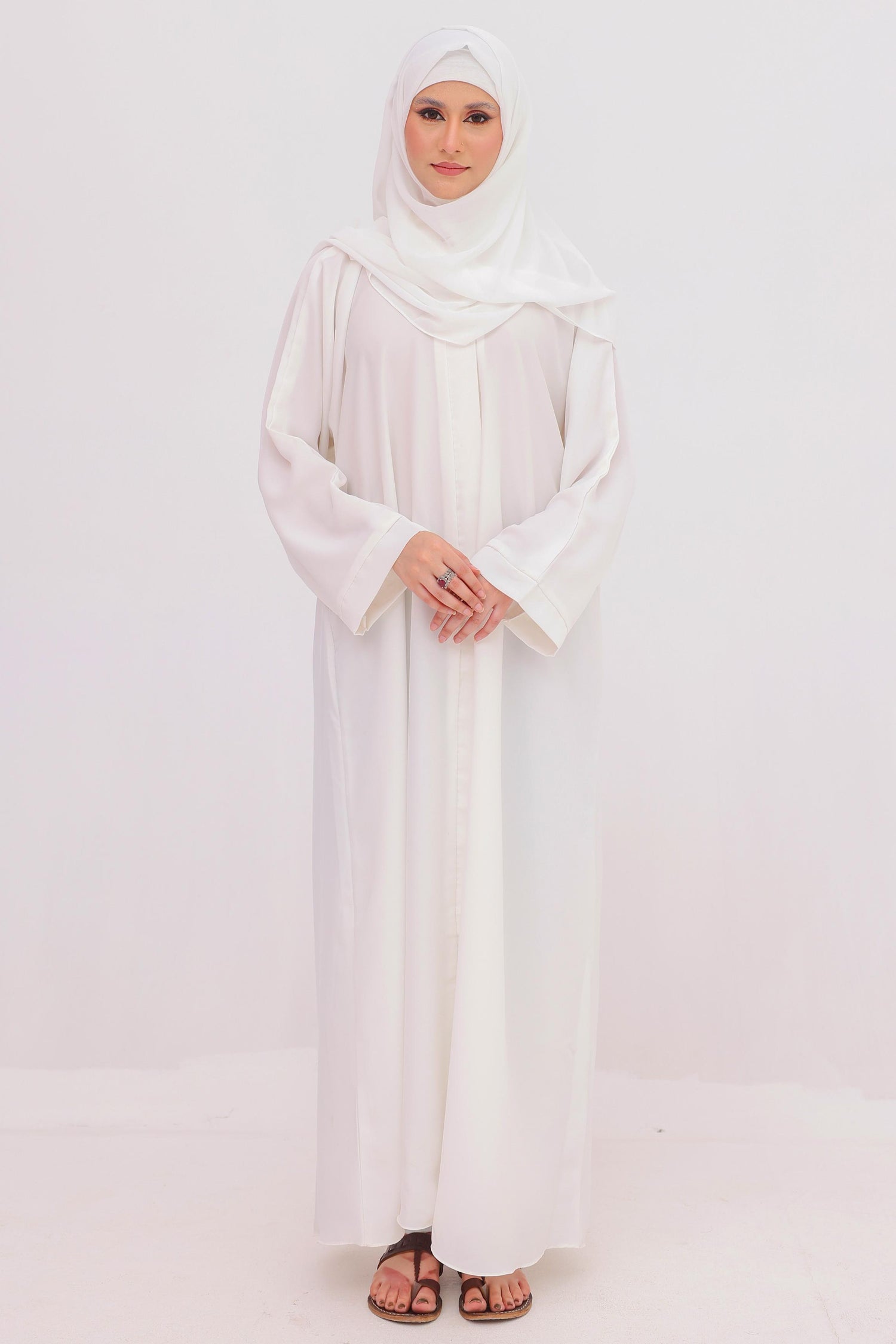 OffWhite Front Open Nida Abaya Georgette Hijab Tube Cap
