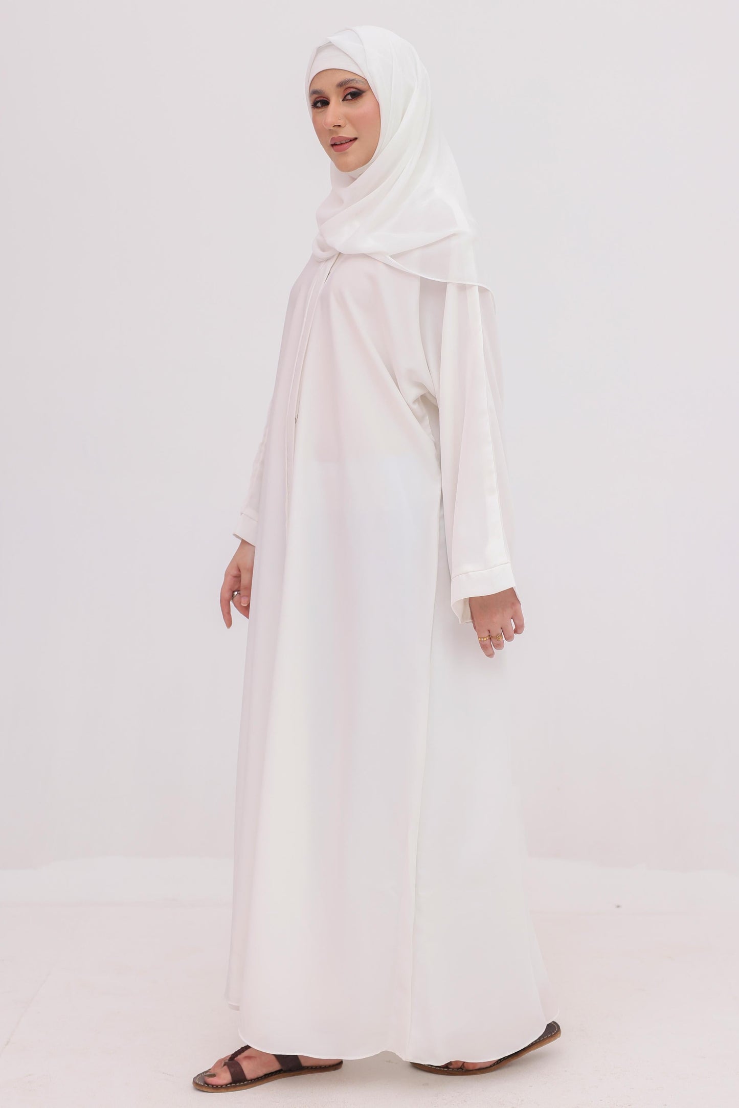 OffWhite Front Open Nida Abaya Georgette Hijab Tube Cap