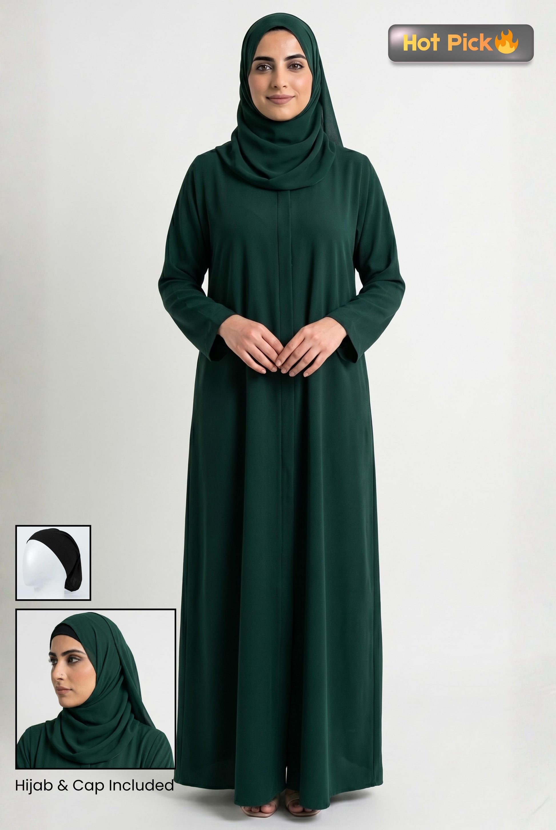 abaya bottle green with hijab and cap
