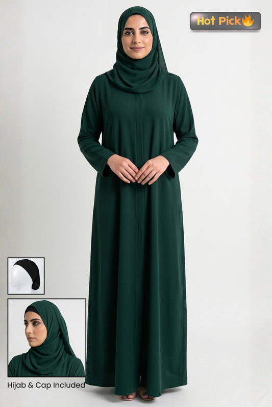 abaya bottle green with hijab and cap
