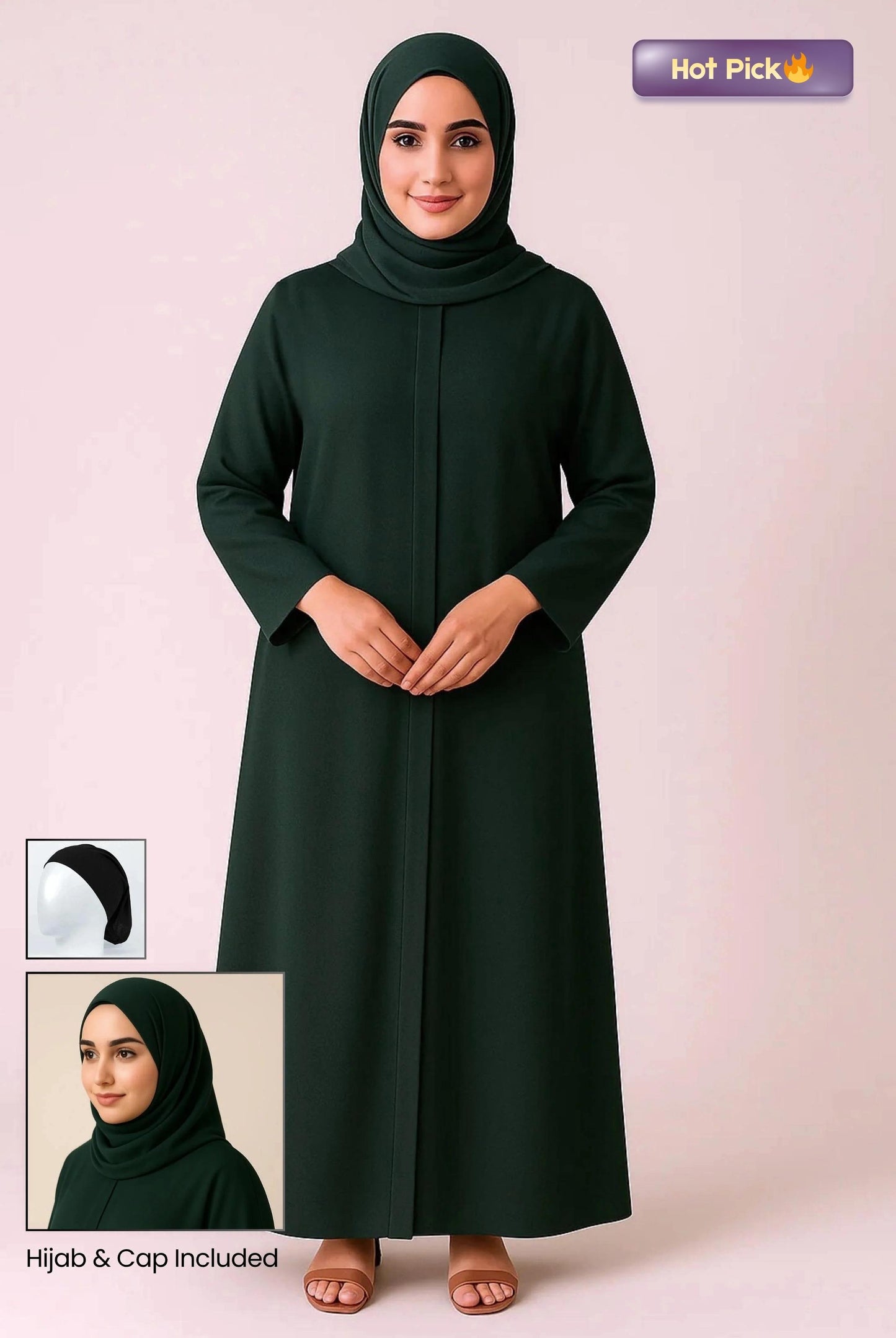 Abaya dark bottle green with hijab and cap