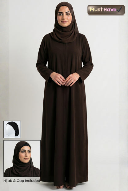 dark brown abaya with hijab and cap
