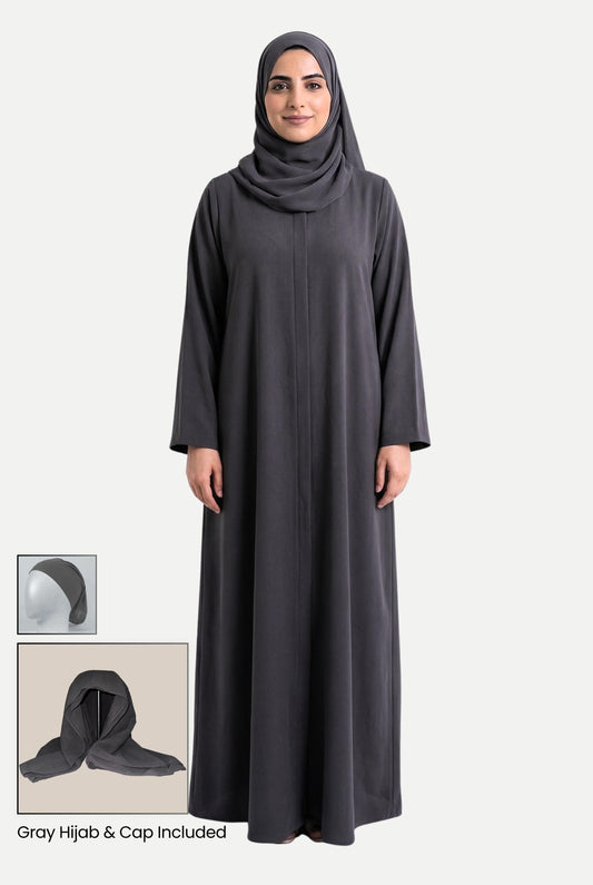 gray abaya with gray hijab and cap 
