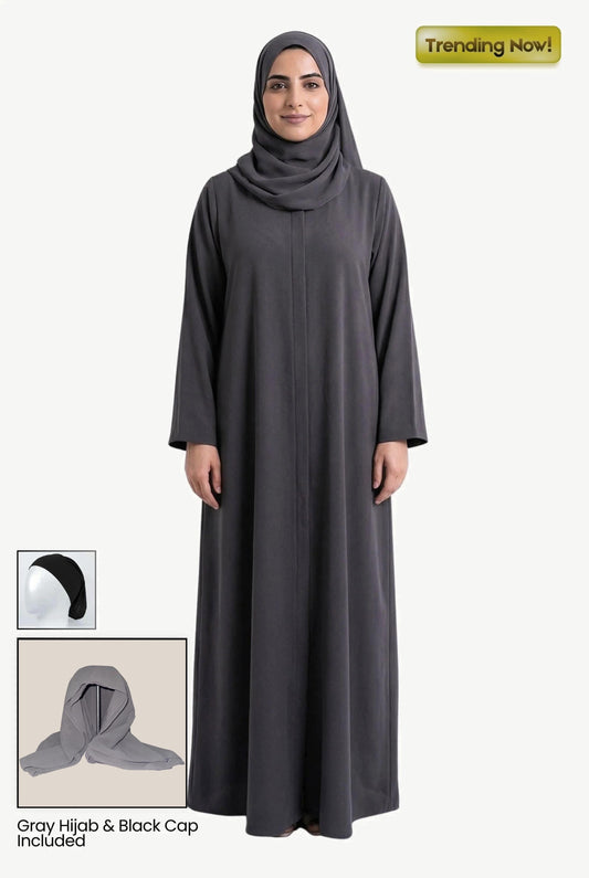 abaya gray hijab black cap 