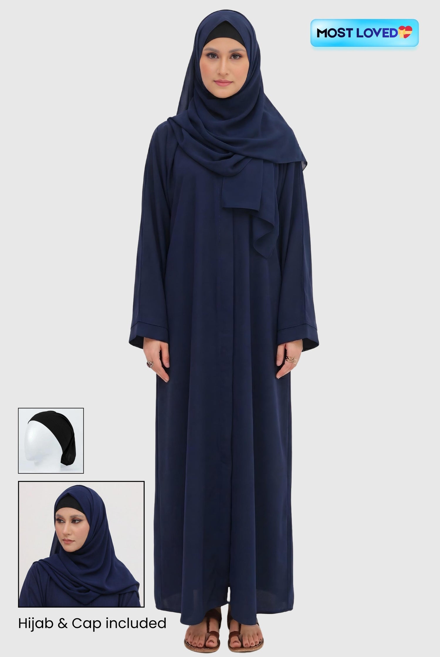 navy abaya with hijab and cap