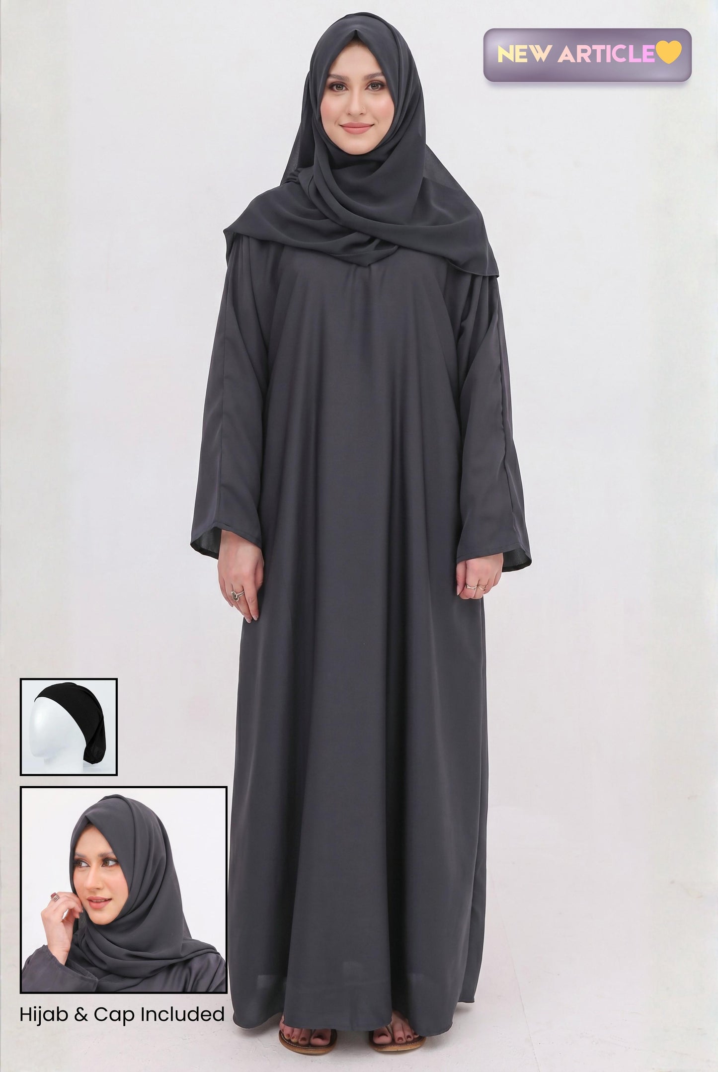 Closed Abaya gray with hijab and cap