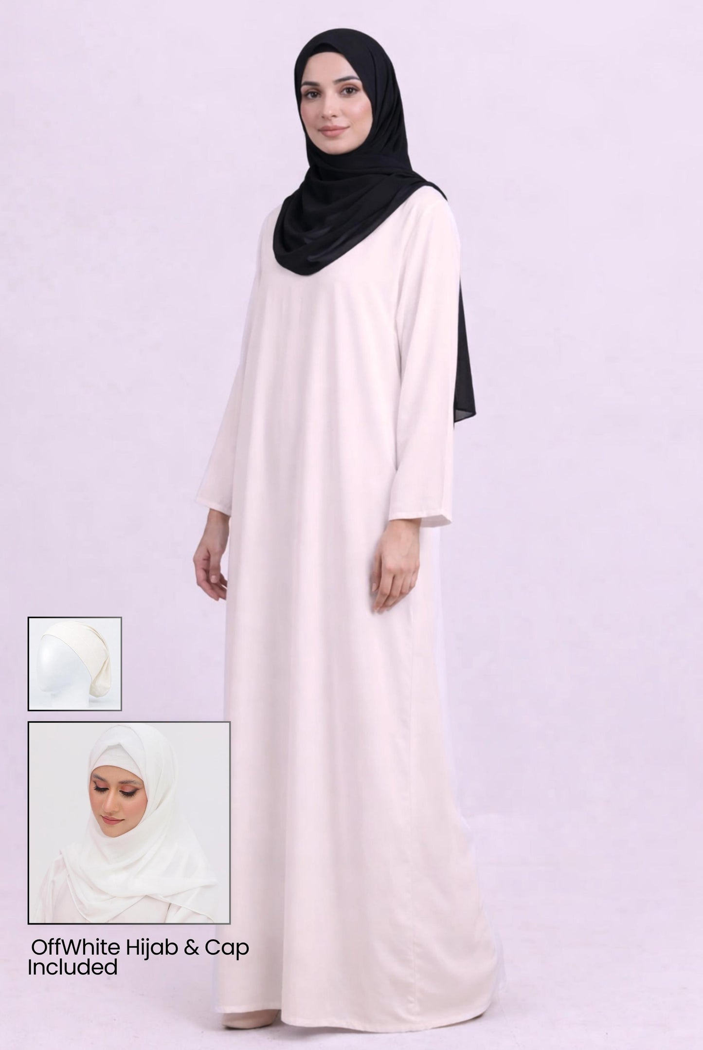 closed abaya offwhite hijab and cap