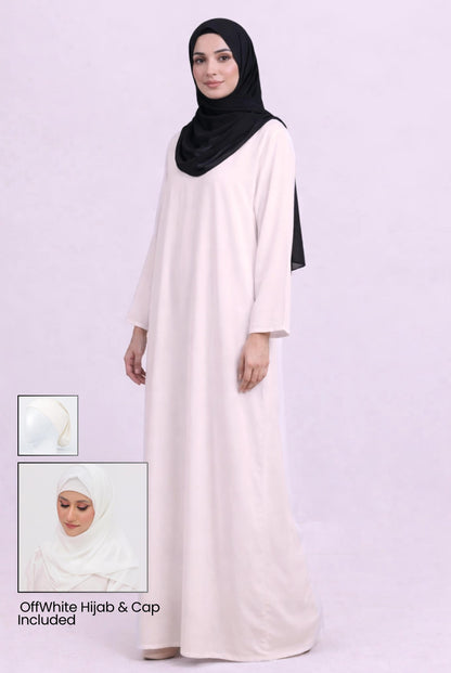 closed abaya offwhite hijab and cap