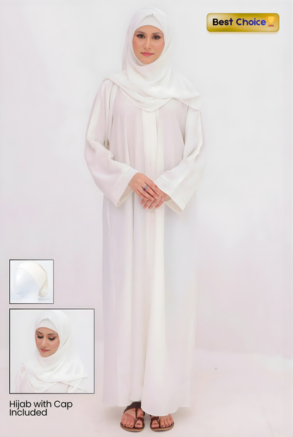 offwhite abaya with hijab and cap