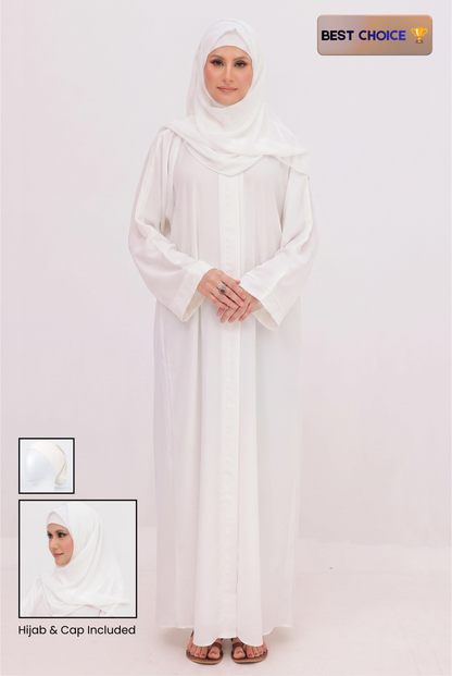 A woman modeling a white abaya with a matching headscarf (hijab) and cap, standing against a plain white studio background. The image includes a 'BEST CHOICE' badge in the top right and inset images in the bottom left showing the hijab and cap details.