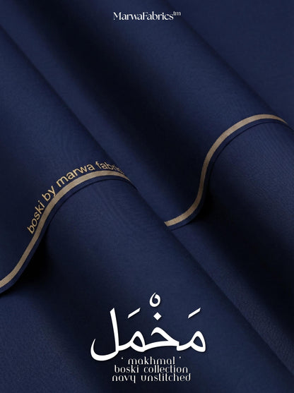 Navy fabric with gold trim and 'Marva Fabrics' branding.