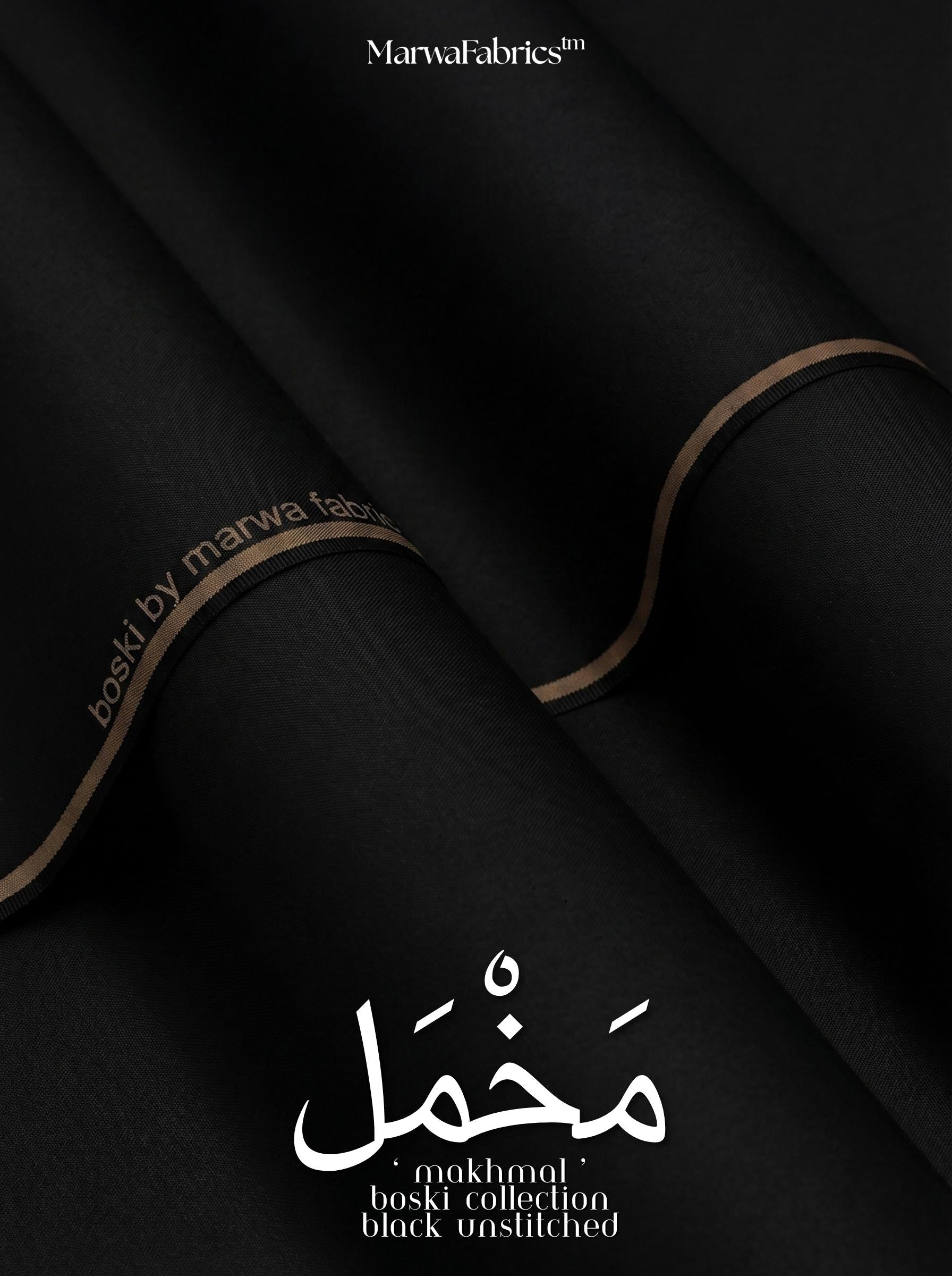 Black fabric with 'Marwa Fabrics' branding and text.