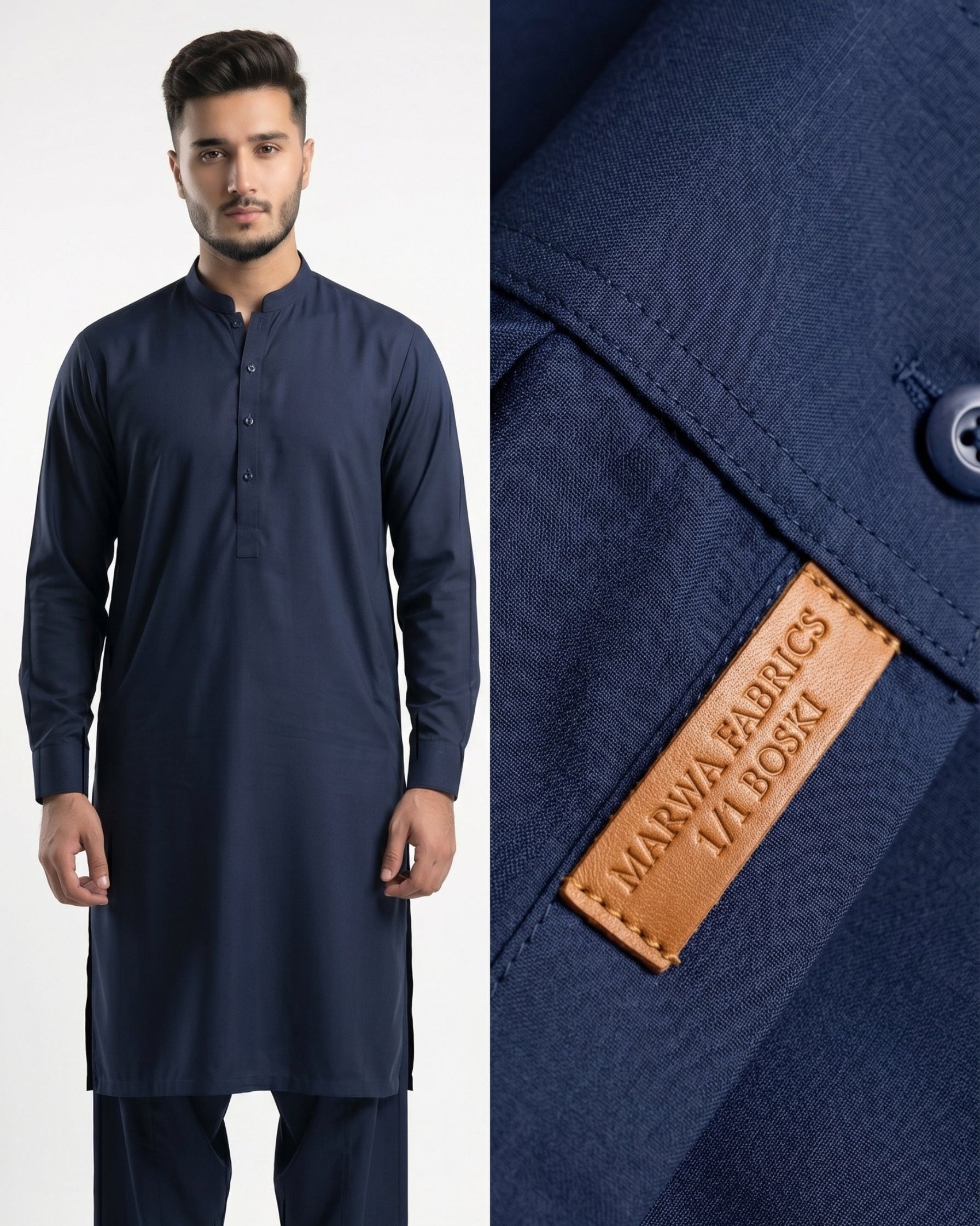 Navy kurta with a close-up of the brand label on a white background