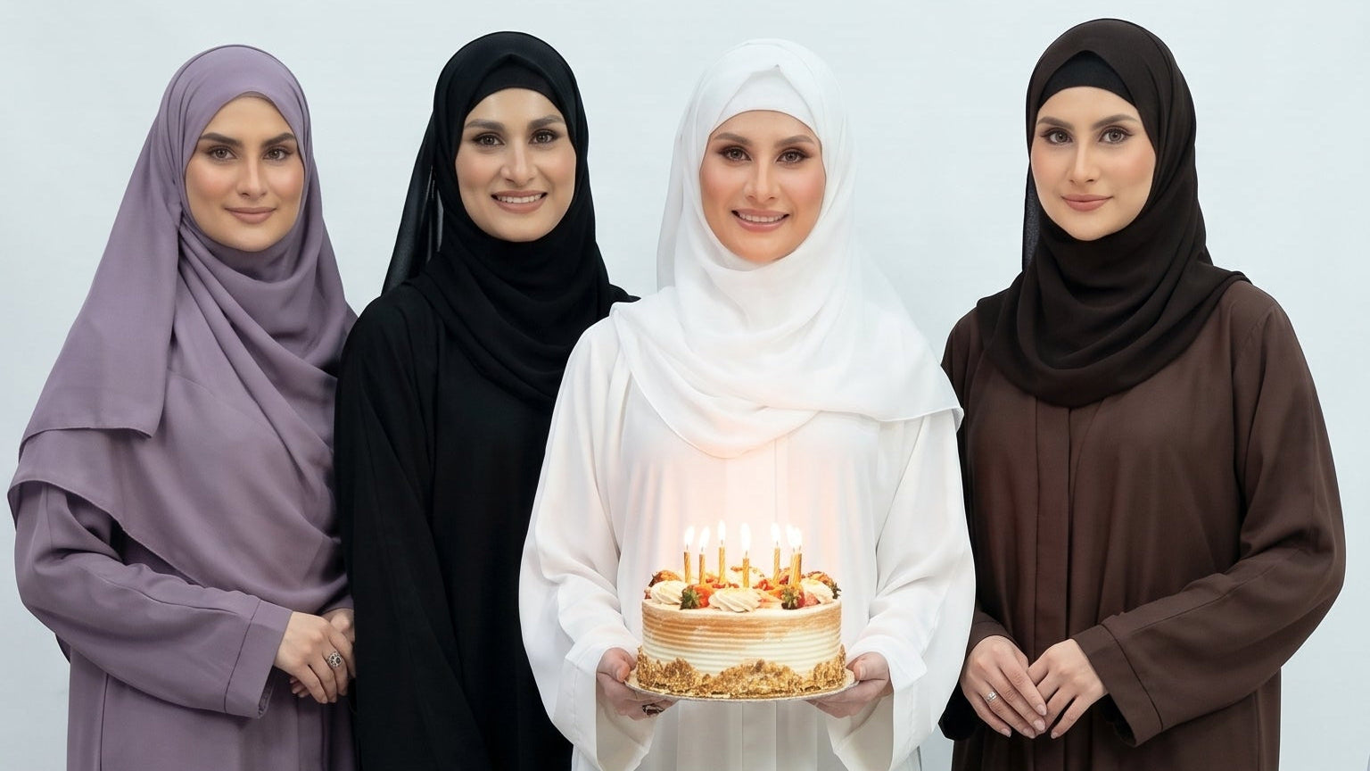 Four women in modest clothing stand behind a small wooden table holding a birthday cake with lit candles. The group wears purple, black, white, and brown garments, with balloons on the floor against a plain light background.