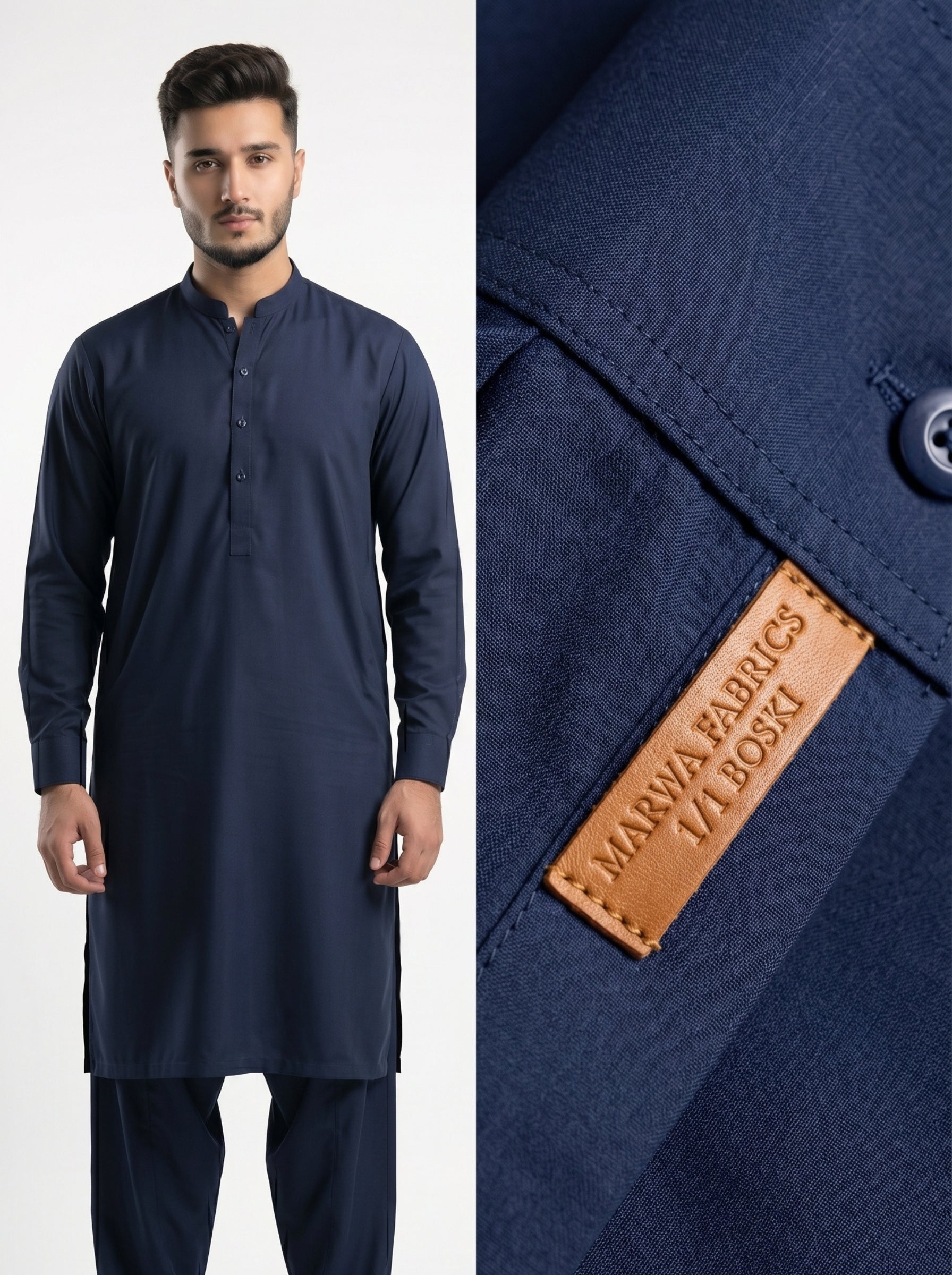 Navy kurta with a close-up of the brand label on a white background