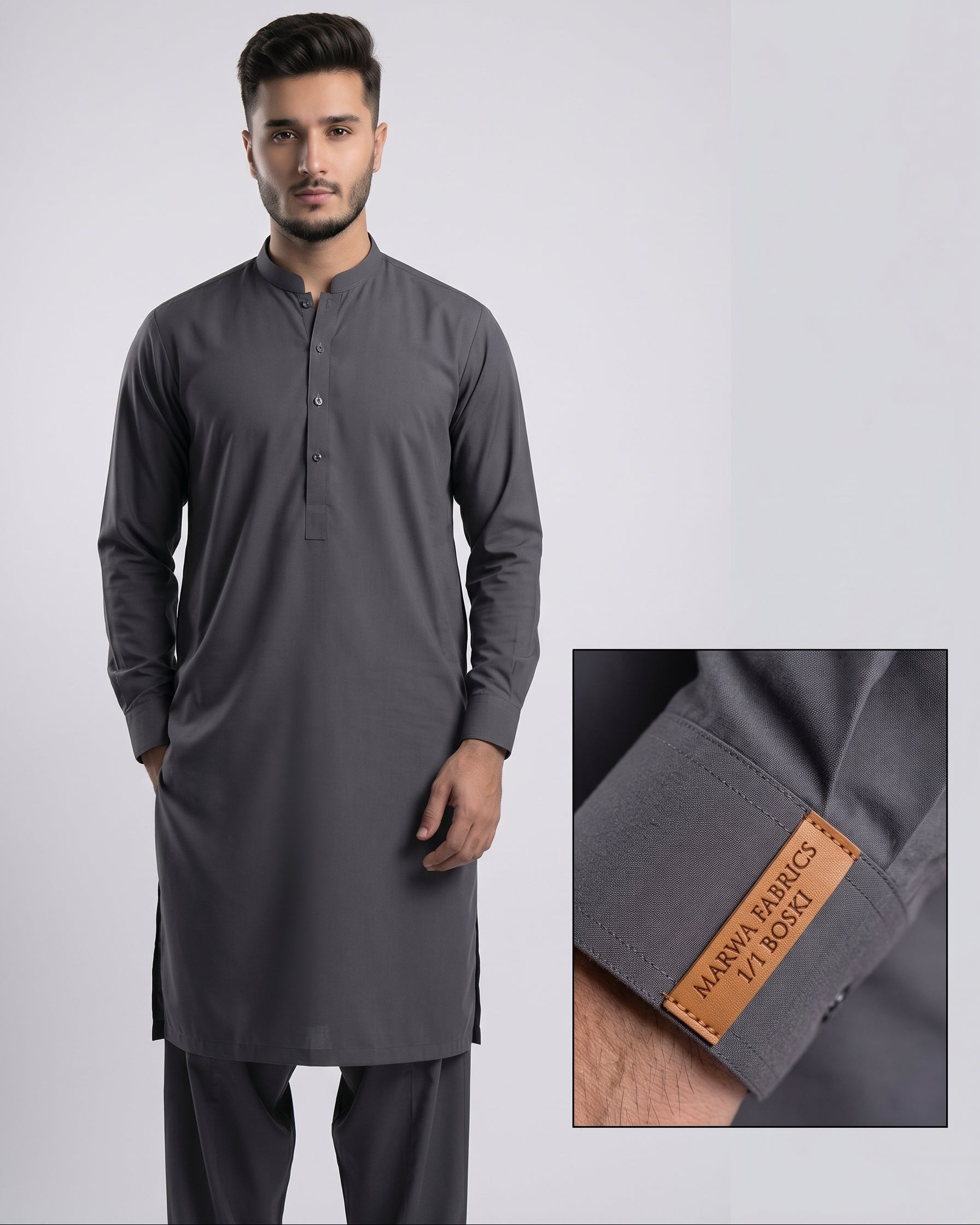 Man wearing a gray kurta with a close-up of the brand label on a light gray background